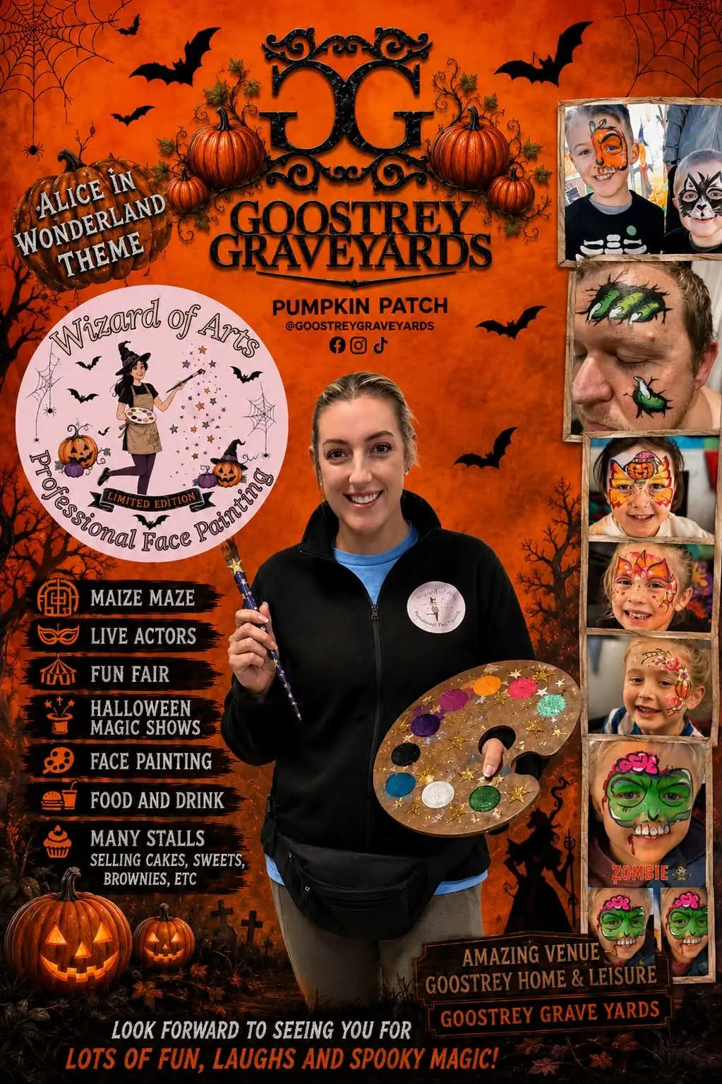 Goostrey Graveyards Halloween event poster with pumpkin patch and face-painting details