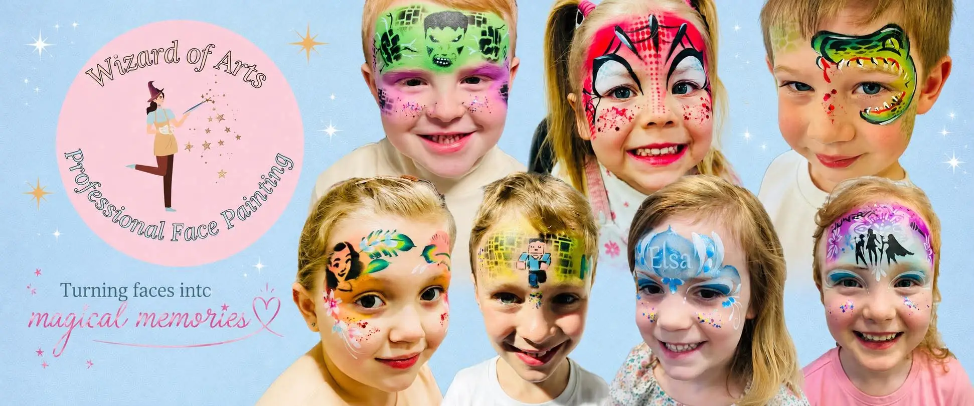 Seven children showing colourful face-painting designs beside the Wizard of Arts logo