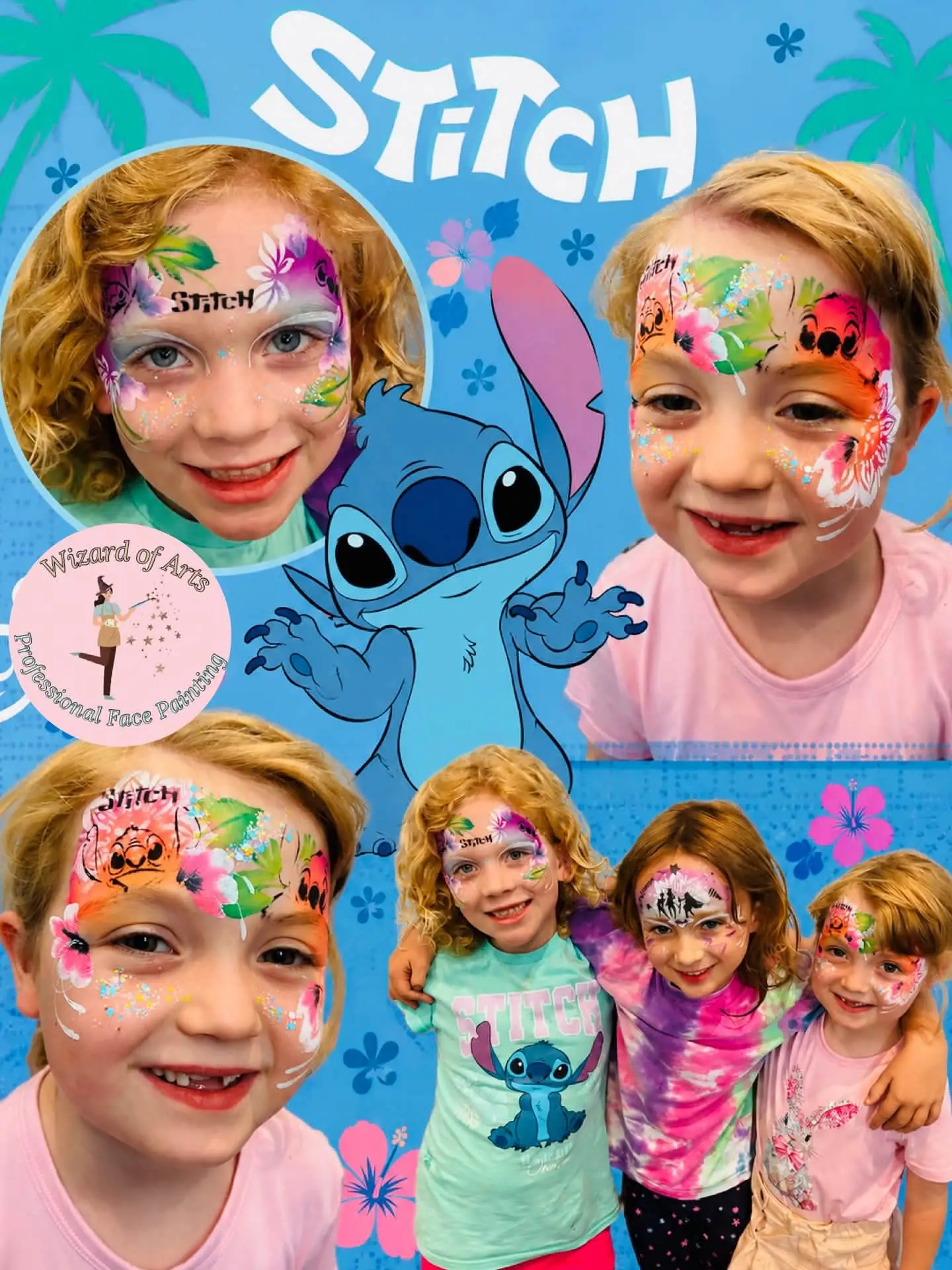 Stitch-inspired face painting on smiling children in a tropical blue collage
